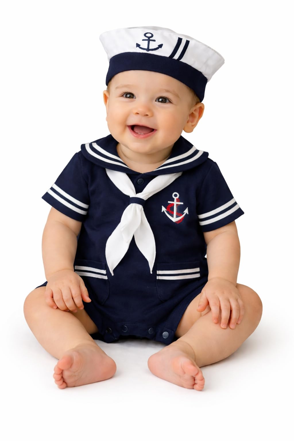 stylesilove com Baby Boy Marine Sailor Cotton Romper Onesie with Hat and Necktie 3pcs Holiday Outfit