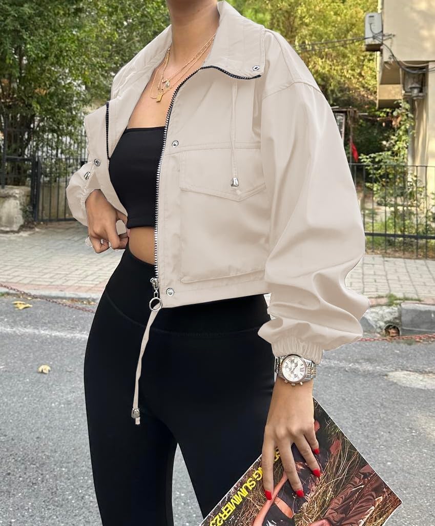 Womens Cropped Bomber Jacket Lightweight Military Fall Utility Safari Zip Up Anorak Coat with Pockets - Image 4