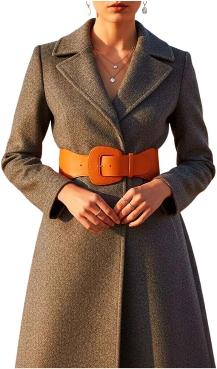 Women’s Orange Wide Stretch Waist Belt Big Buckle – Faux Leather & Elastic Band – Adjustable Statement Fashion Accessory Size S/M – WB25
