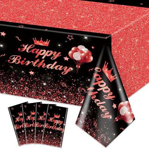 Image of 4 Pcs Happy Birthday Black and Red Party Tablecloths - Red Black Party Decorations Plastic Tablecloth Rectangular Table Covers for Boy Girl Baby Shower Birthday Table Supplies, 51 x 86.6 Inch