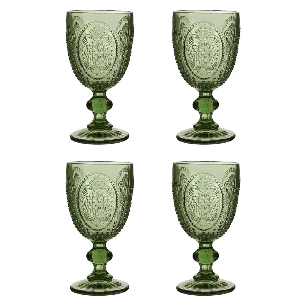 Dibor Wine Glasses Set of 4 Embossed Vintage Style Wine Goblet Glassware Set Dishwasher Safe Wine Glass Set Colourful Baroque Footed Wine Chalice Tumblers (Green)