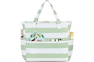 Hibala Woven Large Beach Bag Green Stripe Beach Tote XL Pool Bags