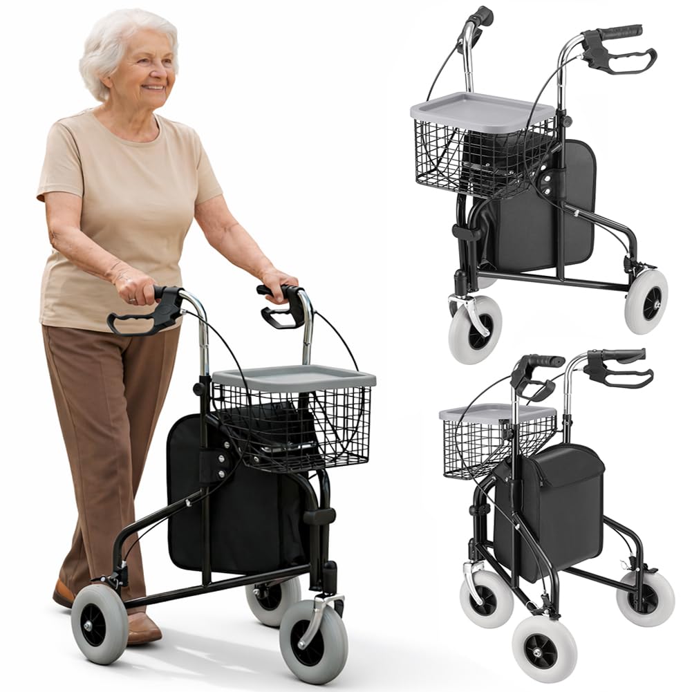BAKAJI Deambulatore a 3 Ruote per Anziani, Disabili, Persone con Mobilità Ridotta, Walker Ergonomico con Freni e Carrello Portatutto, Borsa Portaoggetti con Zip, Struttura Rinforzata Capacità 136 kg