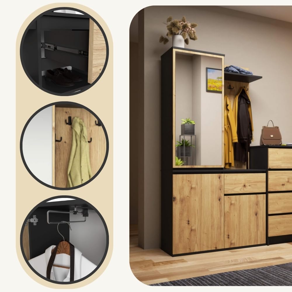 AKORD Ensemble de Vestiaire d'Entrée avec Miroir - 95 cm, 3 Portes, 1 Tiroir, 7 Étagères - Meuble d'Entrée - Optimum pour Petits Espaces - Couloir ou Entrée Étroit - Noir & Chêne-Artisanalal