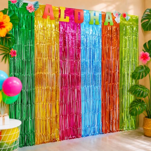 Menstarsi Hawaiian Luau Foil Fringe Curtains Aloha Party Backdrop 2 Pack