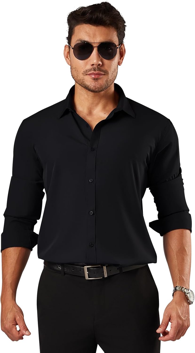 Mens Stretch Dress Shirts Long Sleeve Formal Shirt Business Casual Slim Fit Button Down Shirts - Image 2