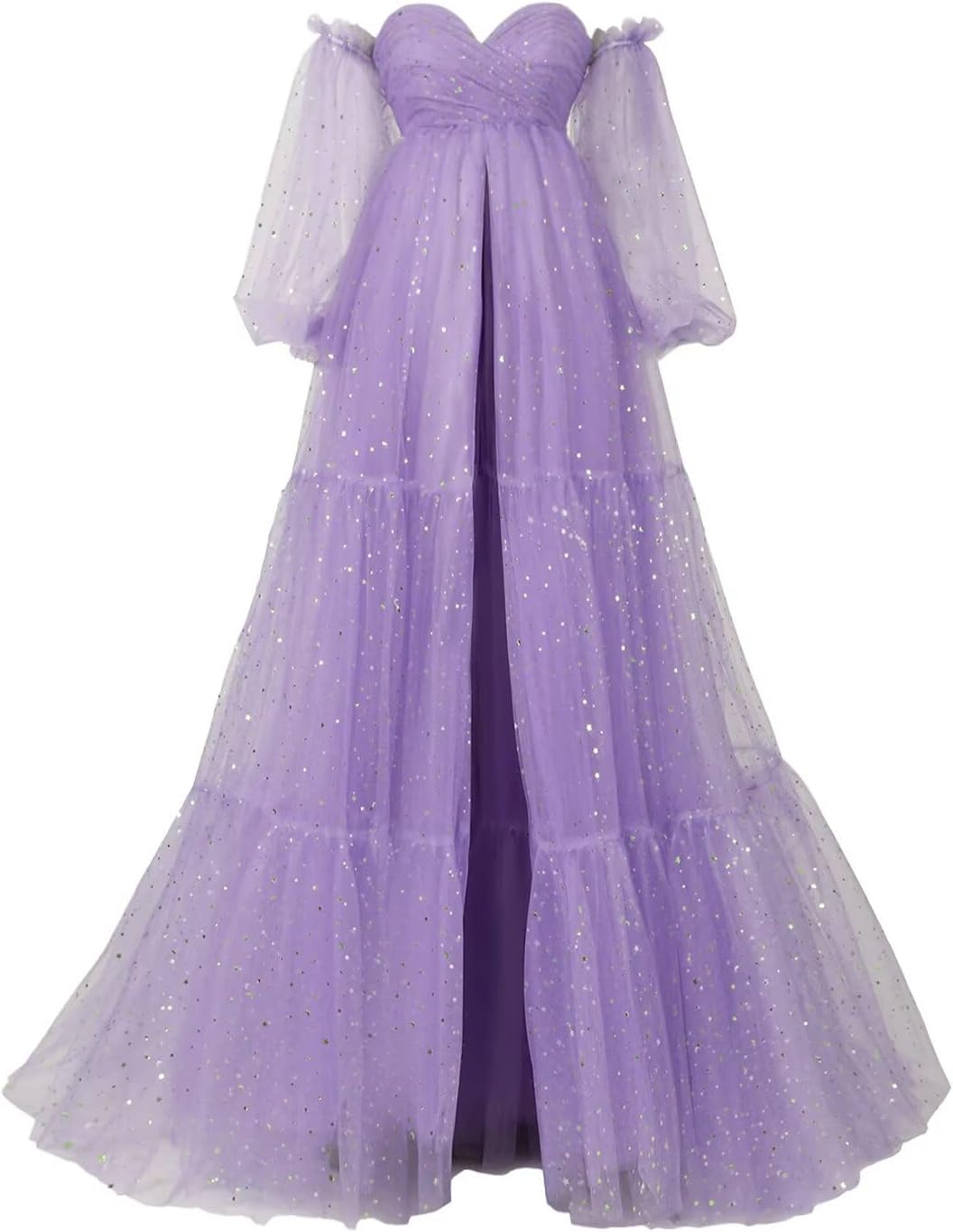 Wchecalino Sparkle Starry Tulle Maternity Dresses for Photoshoot Ruffles Puffy Sleeve Long Robes for Baby Shower