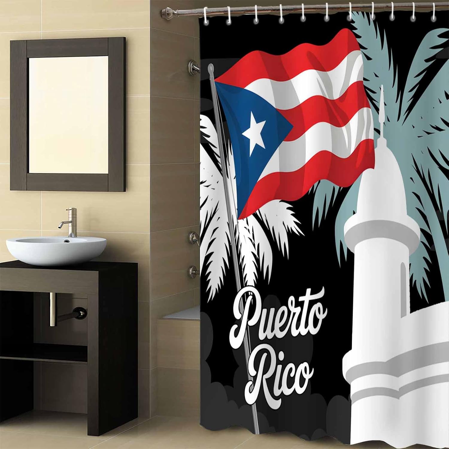 QueenKer Shower Curtains Puerto Rico Flag Palm Tree Waterproof Polyester Fabric Bath Curtain Set with Hooks for Bathroom Bedroom 72x72 Inch
