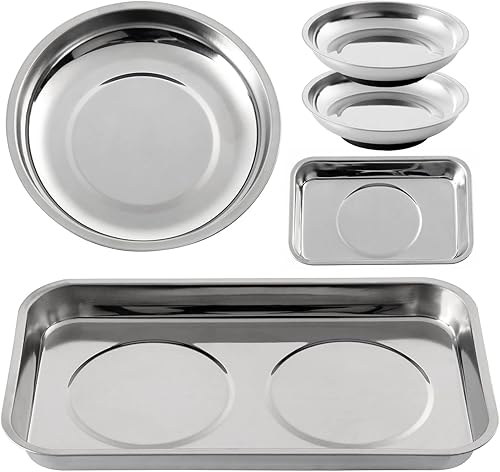 Rechabite Juego de 5 bandejas magnéticas de acero inoxidable con imán para herramientas para tornillos, enchufes, pernos, pasadores, mecánicos y