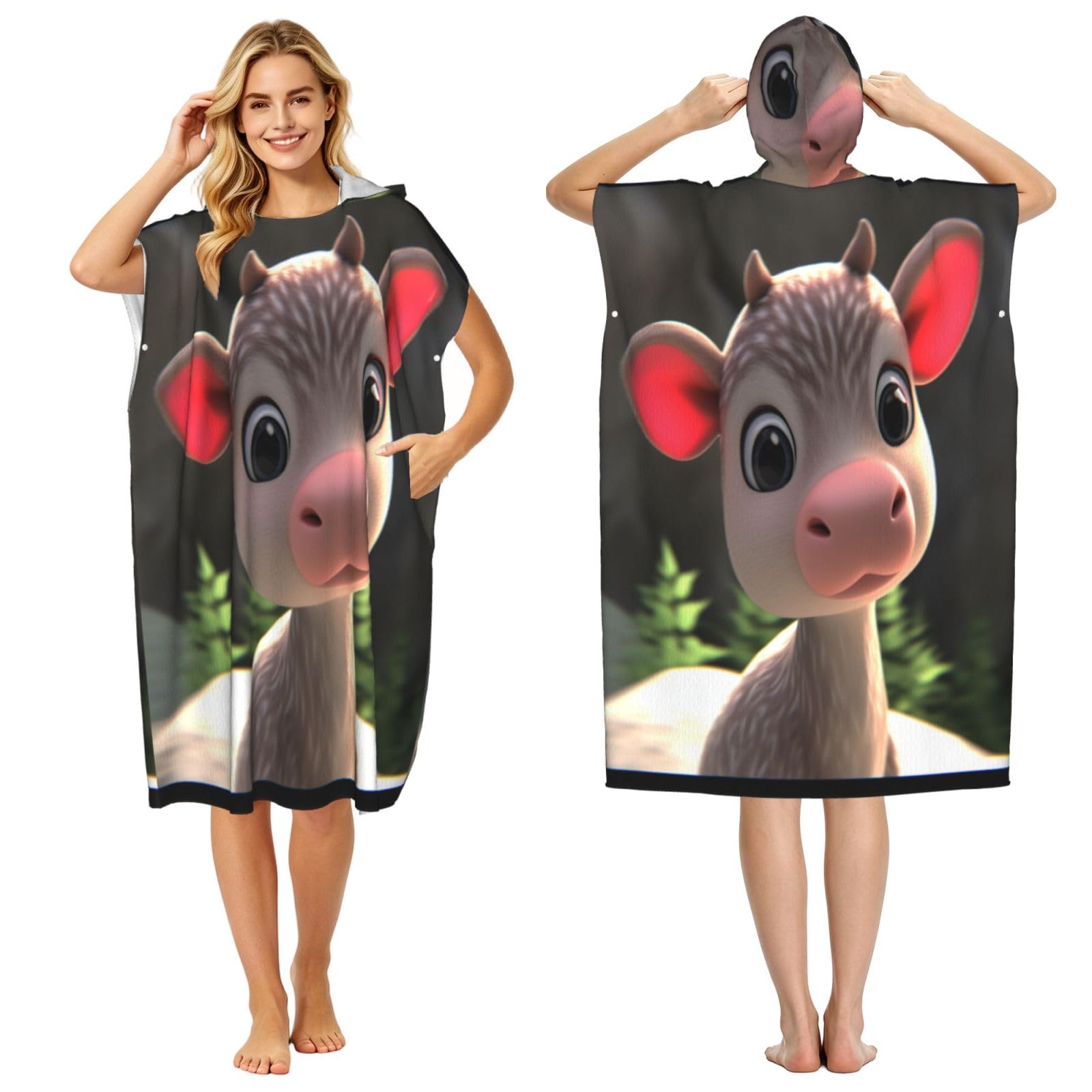 DTHKJNLSF Cartoon Calf Adult Hooded Beach Poncho Towel
