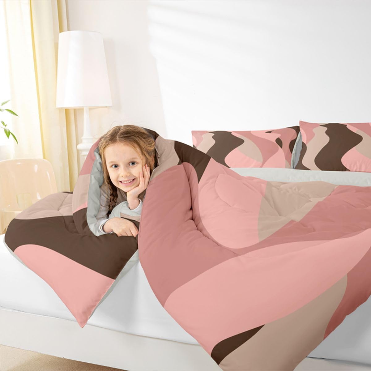 Erosebridal Pink and Brown Bedding Sets Abstract Geometric Girls Comforter Set Queen,Retro Pink Brown Waves Ombre Bedding Comforter Sets for Teen Adult Women Modern Fashion Quilt Set 2 Pillow Cases
