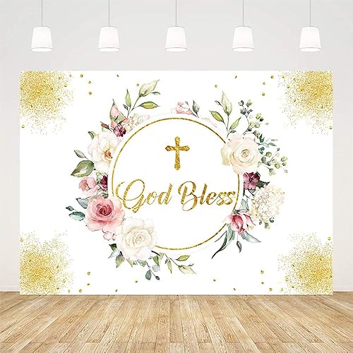 Miniatura 2 de Telón de fondo de 7 x 5 pies para la primera comunión, bautizo, decoración de fiesta, suministros para niña, fondo de fotografía de cruz dorada,