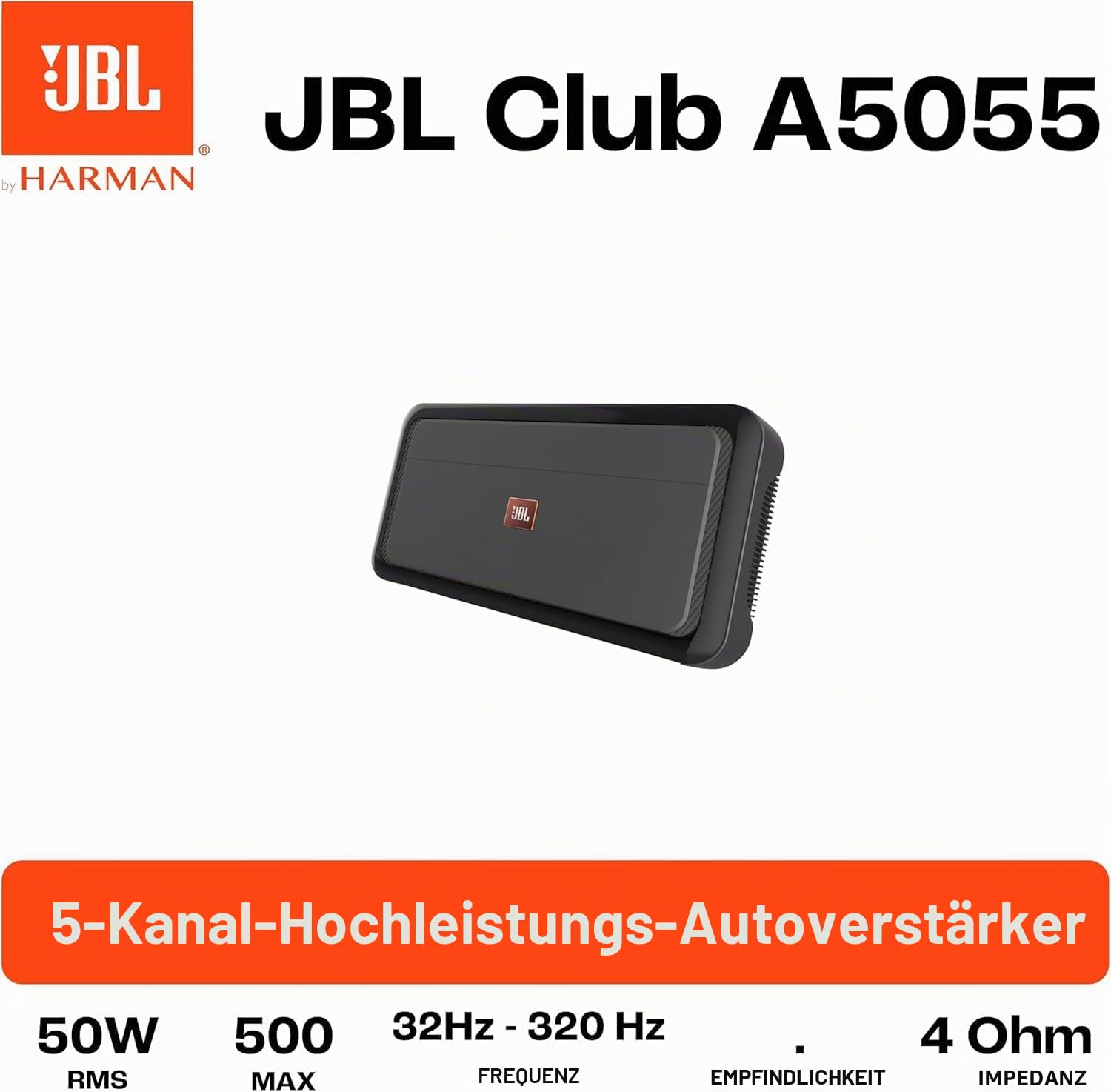 JBL Club A5055 5-Kanal Endstufe Auto - KFZ Autoradio Verstärker 4 x 50 Watt RMS + 1 x 500 Watt RMS für Auto Lautsprecher & Subwoofer