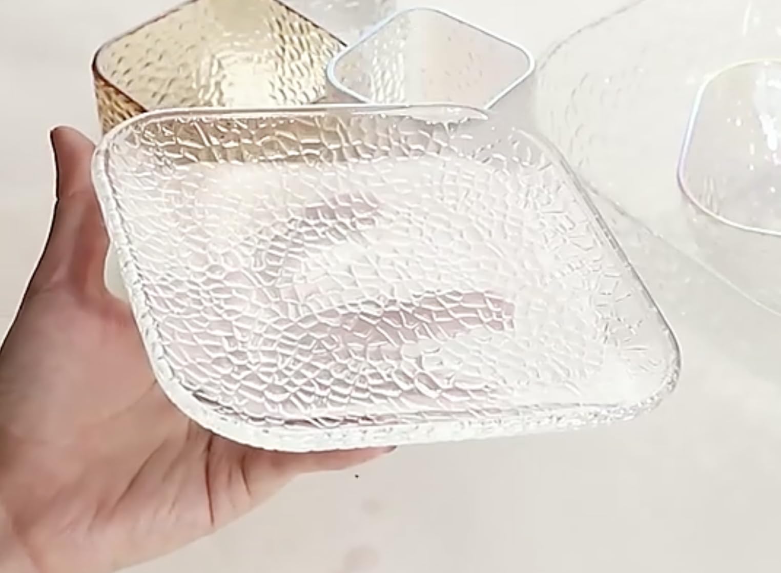 HOMIES 6 Inch Square Designer Glass Dessert Plates, Small Mini Appetizer, Fruit, Salad and Cake Plates, Set of 6 (Hammered Smokey) — Amazon image 3