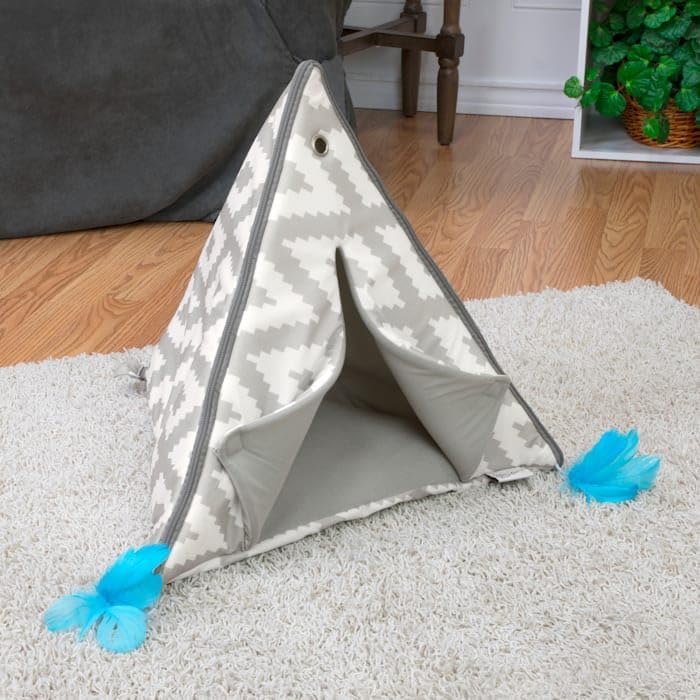 Kitty City Small Teepee and Feather Toy, Kitty Camp Cat Tent, Cat Bed, Pet Cave Bed, Kitten Cube, White, CM-0398-CS01
