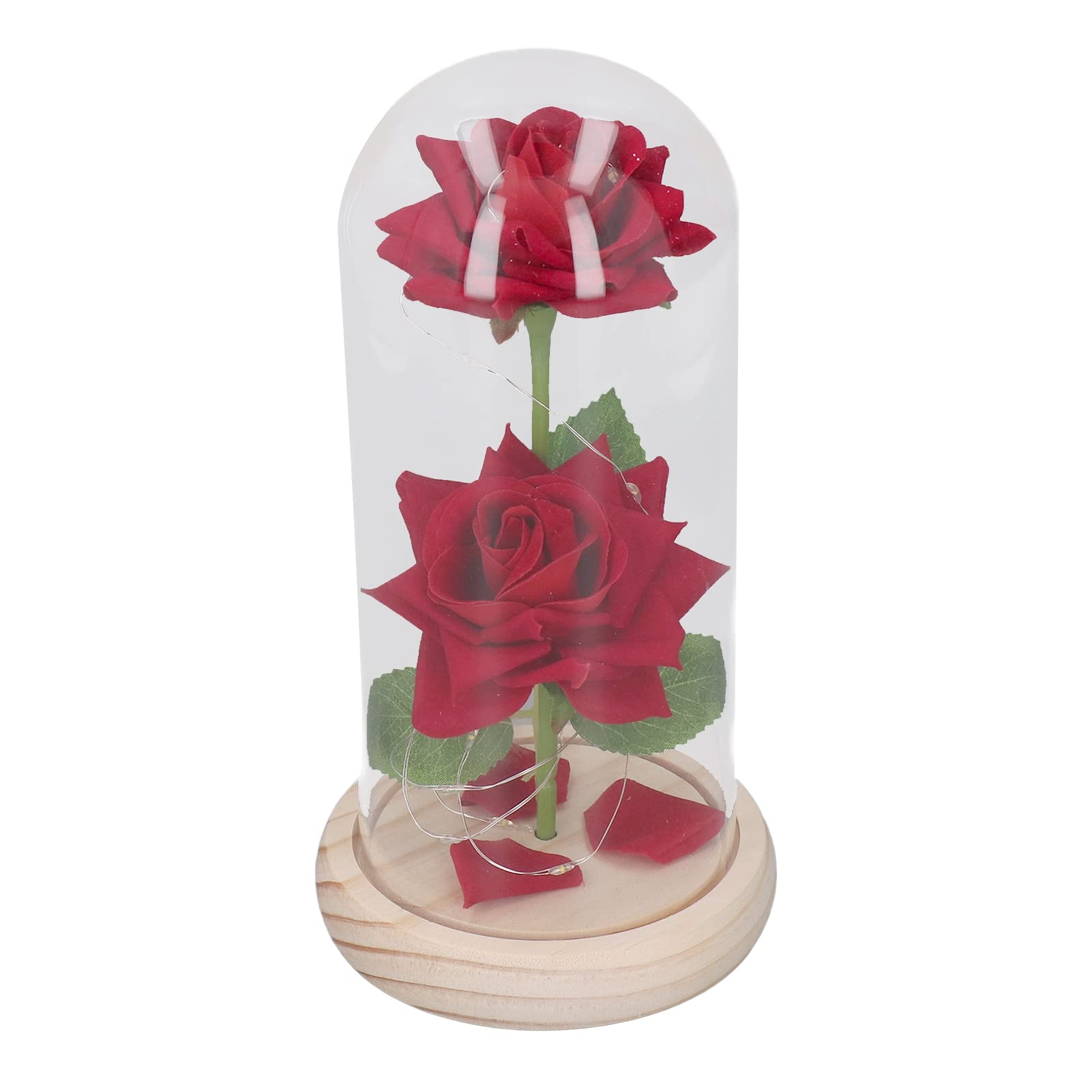 Valentines Women Gifts, 2 Light Up Roses in Glass Dome with Wooden Base, Anniversary Rose Gift Artificial Flower Light Up Rose, Romantic Roses Gifts for Her