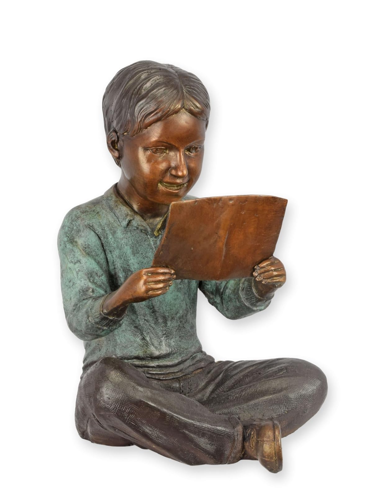 Sculpture en bronze enfant qui lit avec livre : objet déco rétro de salon
