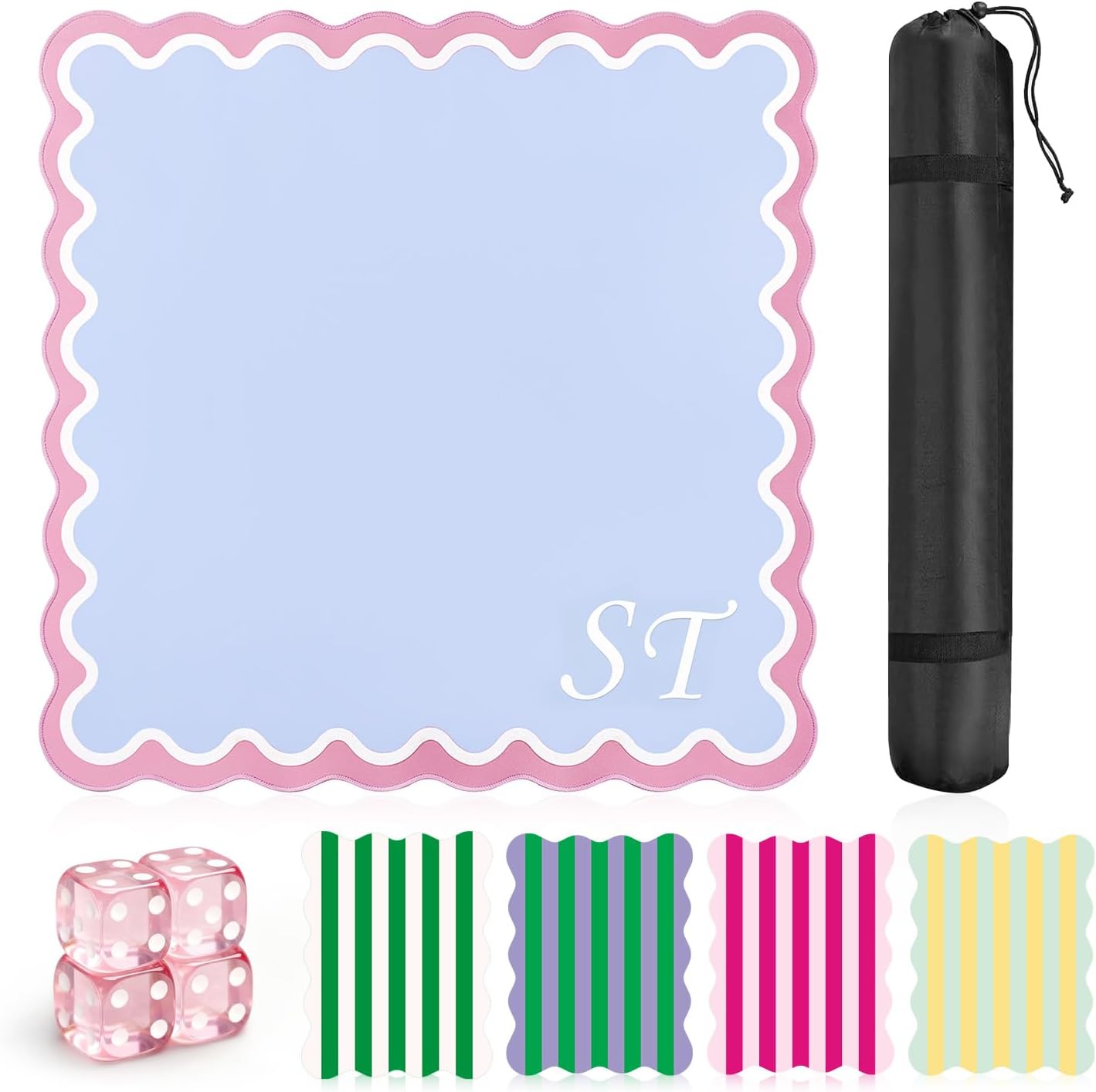 Scalloped Mahjong Mat 32.4in for American Game Night, DIY Initial | Includes 2 A-Z iron-on letter sheets, 4 dice, 4 shuffle cards, and a storage bag.