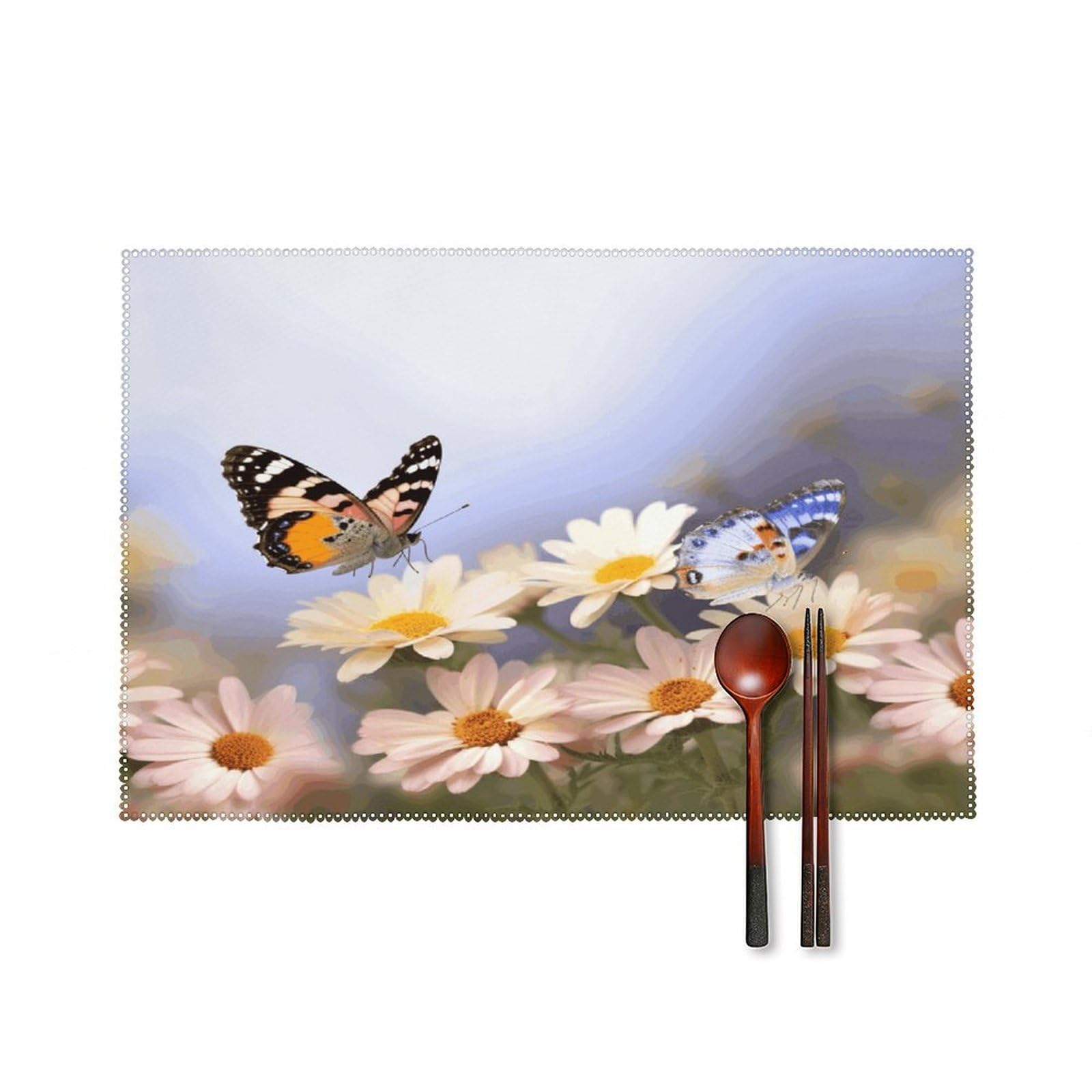 Butterfly Daisy Placemats Set of 6 Heat-Resistant Washable Place Mats Wipeable Kitchen Placemat Easy to Clean for Indoor Outdoor Party Kitchen Decoration