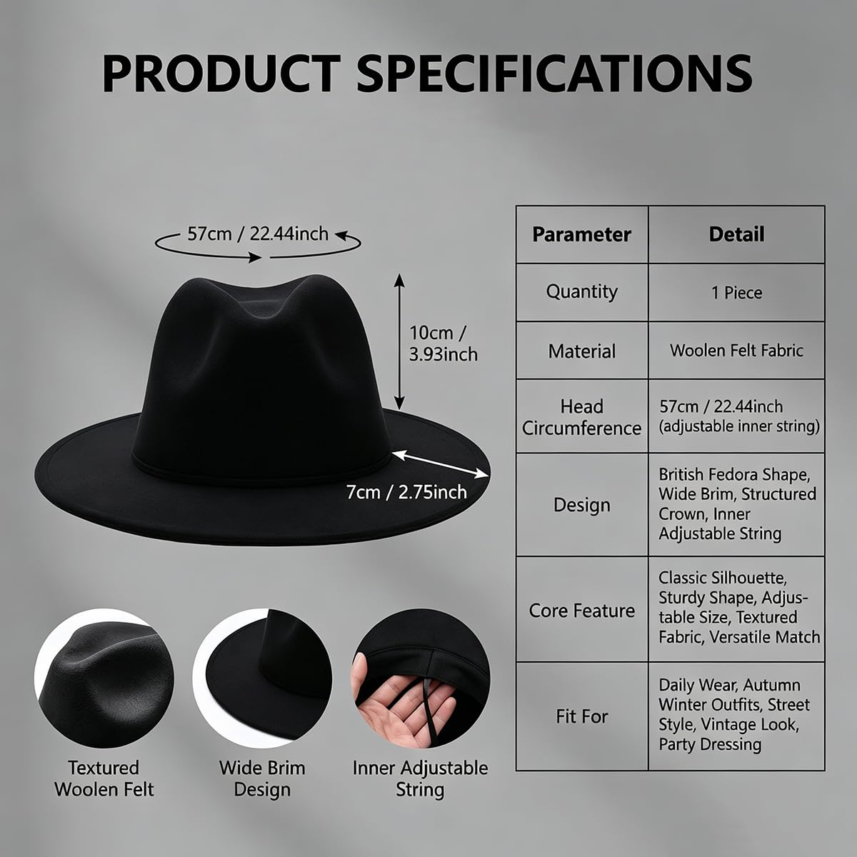 Fedora Chapeau classique noir à large bord pour homme et femme, chapeau d'église 56-58 cm, style vintage