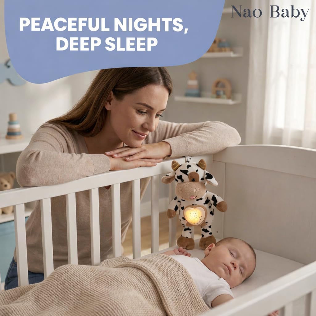 Baby Sound Machine Plush Cow with Cry Detector & Star Projector – USB Rechargeable White Noise Machine Baby with 15 Melodies & Timer – Lullaby Sound Machine & Baby Sleep Soother for Newborns