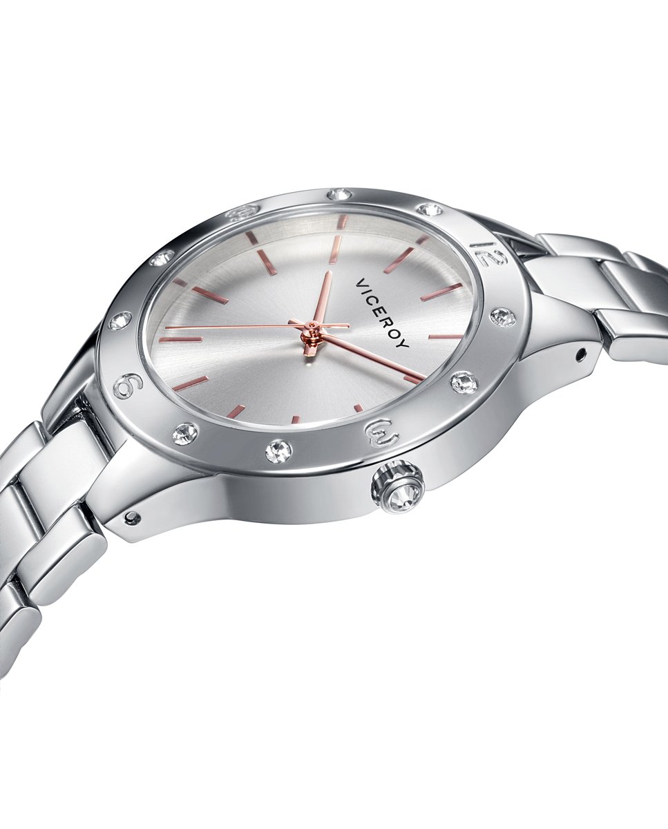 Viceroy Reloj Analógico Mujer de Acero Inoxidable - 35 mm - Movimiento de Cuarzo - Esfera Plateada con Circonitas - Resistente al Agua 3 ATM - Colección Chic – 401044-87