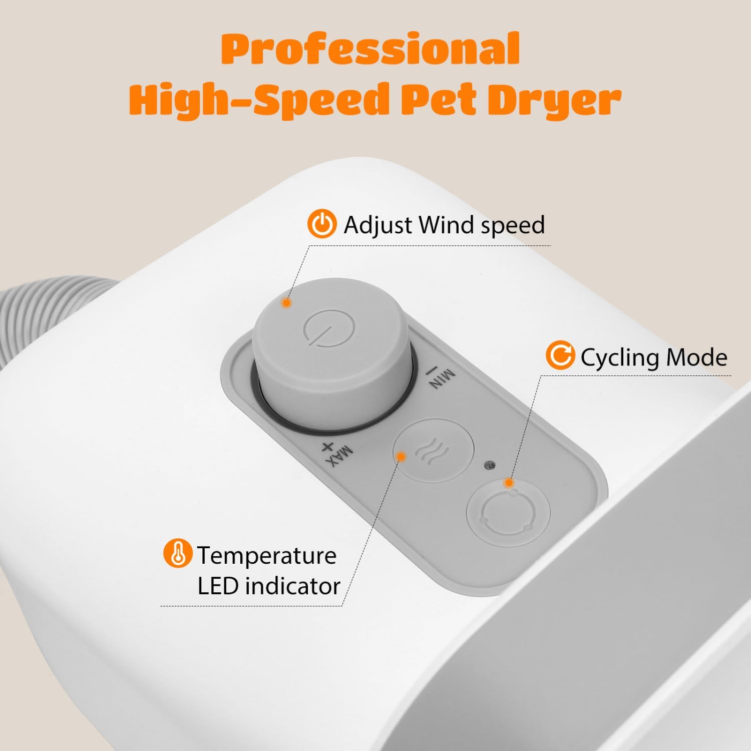 Close-up of the control panel on the Nobleza pet blower, showing the wind speed adjustment knob, cycling mode button, and temperature LED indicator.