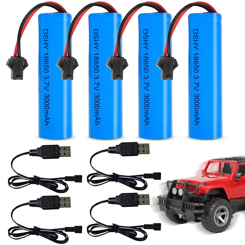 4 Stück 3000mAh 3.7V RC Akku, 3.7V Li-ion Akku with 4 USB Chargers SM-2P Plug, Wiederaufladbare RC Batterie für RC Fahrzeuge, Boote, Panzer, Auto, Schiffe