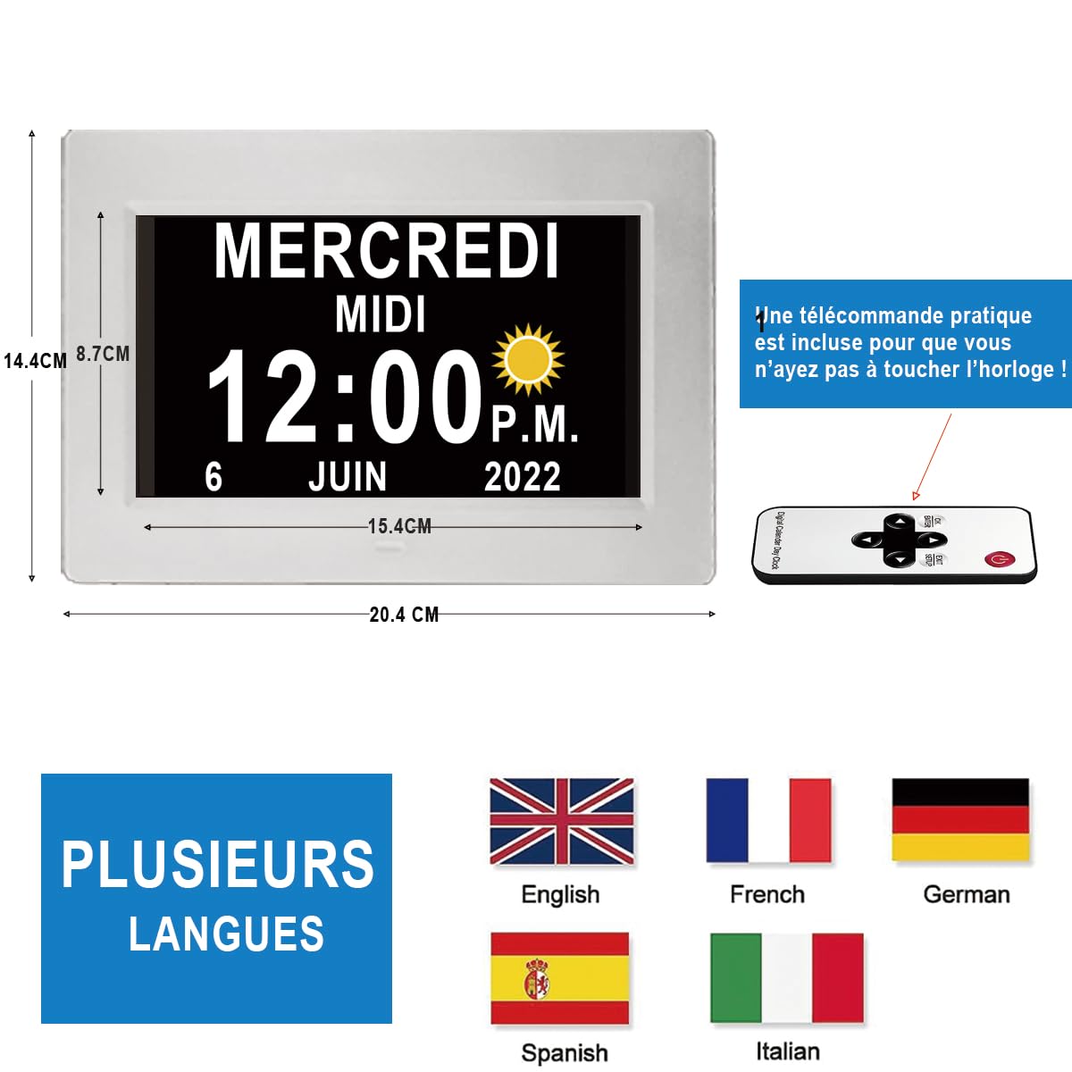 Véfaîî Amélioré 19 Alarmes Horloge Numérique, Automatique de L’Heure D’été, Réveil Murale Silencieux avec 20 Rappels Personnalisés pour Les Adultes et Les Enfants et la maladie d'Alzheimer