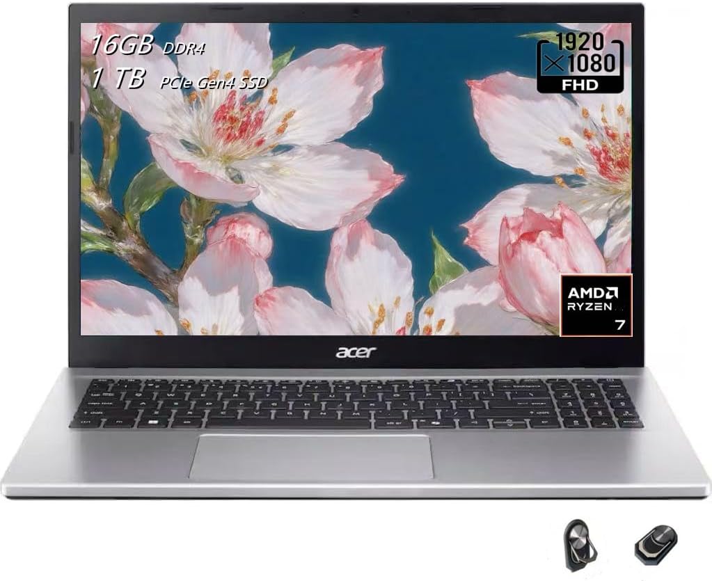 Acer Aspire Go 15 Laptop, 15.6" FHD (1920 x 1080) Display, AMD Ryzen 7 7730U (8-core), AMD Radeon Graphics, 16GB RAM, 512GB SSD, Windows 11 Home, Pure Silver, TWE Accessories