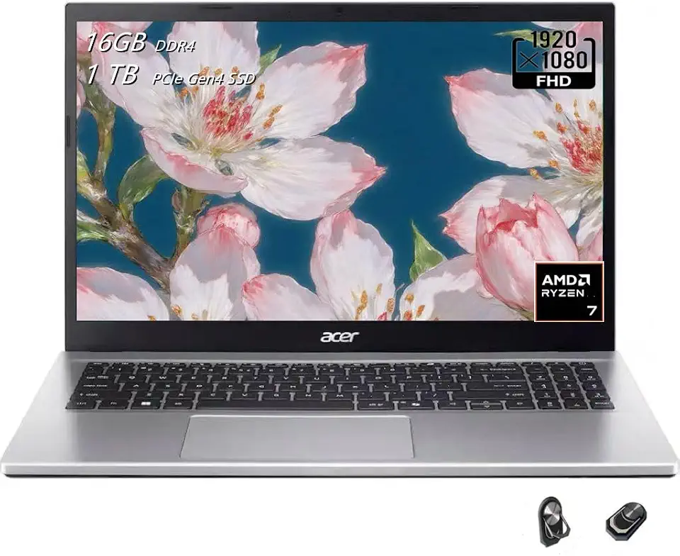 Acer Laptop Aspire Go 15, tela FHD de 15,6 polegadas (1920 x 1080), AMD Ryzen 7 7730U (8 núcleos), gráficos AMD Radeon, 16 GB de RAM, SSD de 1 TB, Windows 11 Home, prata pura, acessórios TWE