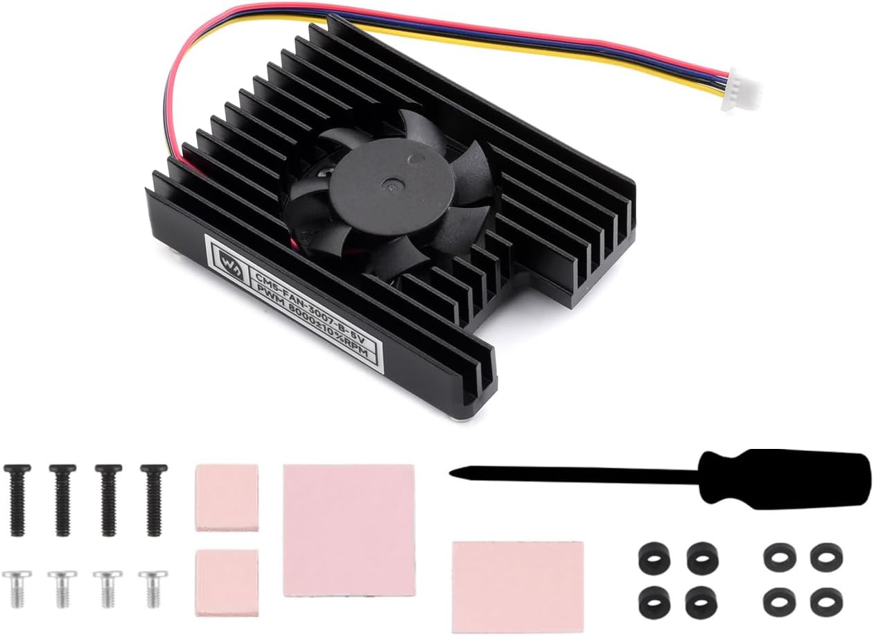 waveshare Cooling Fan for Raspberry Pi Compute Module 5, CM5 Heatsink All-in-one Cooler Cooling Fan with Thermal Tapes, 8000±10% RPM, PWM Speed Adjustment, 5V Power Supply