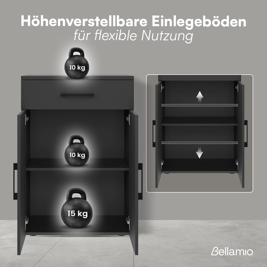 Bellamio Apol Mehrzweckschrank schwarz – Büroschrank 60cm breit – Aktenschrank Holz mit 1 Schublade 2 Fächer – kleines Bücherregal für Flur/Büro/Wohnzimmer – Aufbewahrungsschrank 88cm hoch