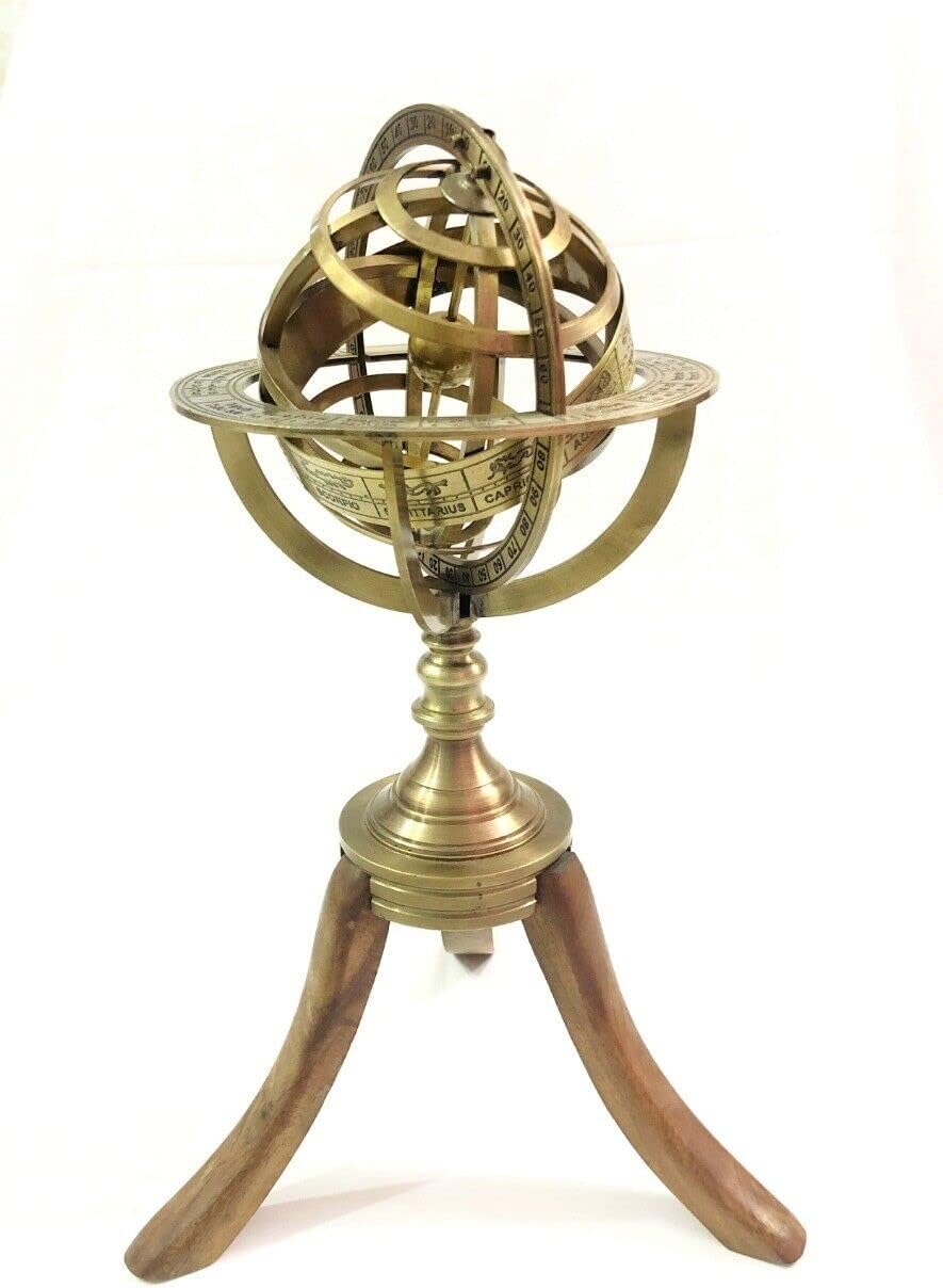 Nautical Antique Brass Engraved Armillary Sphere Globe with Wooden Tripod Stand