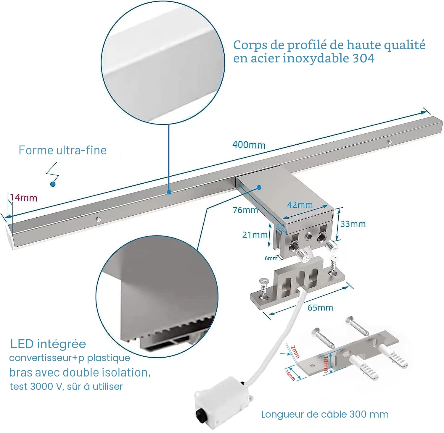 Lampe pour Miroir LED Salle de Bains, 40cm 10w 800lm,Blanc Neutre 4000k, 230v, IP44 étanche,Luminaire Salle de Bain,Pour Armoire à Miroir,Style Minimaliste