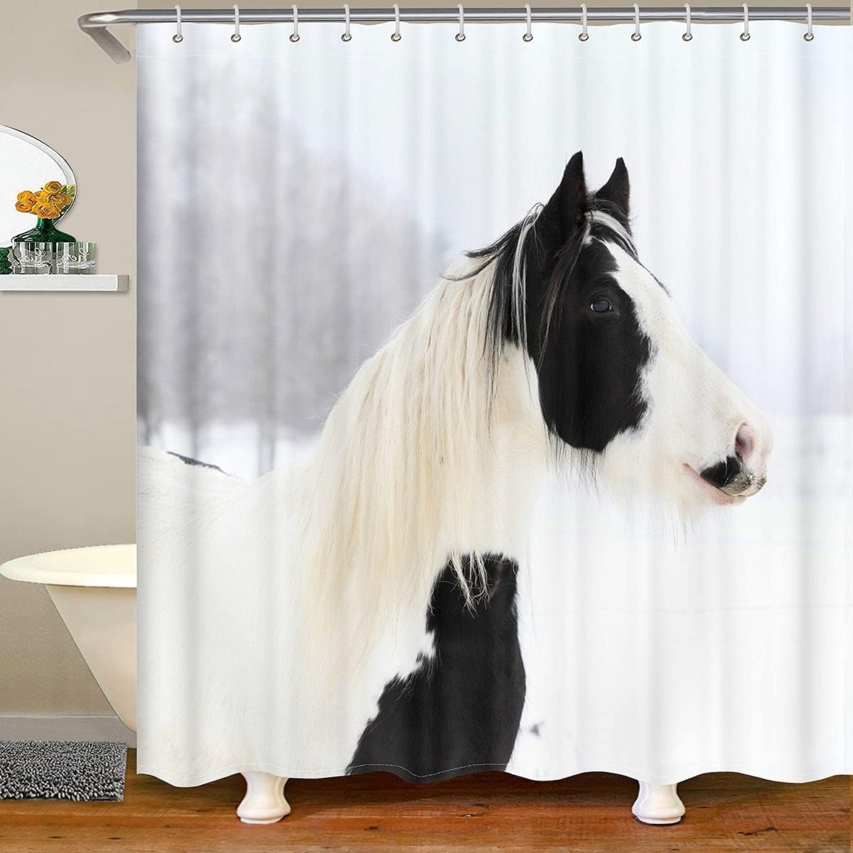 Feelyou Horse Shower Curtain 3D Wild Animal Bath Curtain Kids Girls Boys Wildlife Bathroom Shower Curtain Set with 12 Hooks Waterproof Stalls Bathtubs Decor White and Black 72" Wx72 L