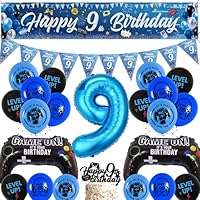Video Game 9th Birthday Decorations - Blue Gaming Party Decor Happy 9th Birthday Banner Pennant Bunting, Cake Topper Number 9 and Controller Foil Balloons for Boys 9 Years Old Party Supplies