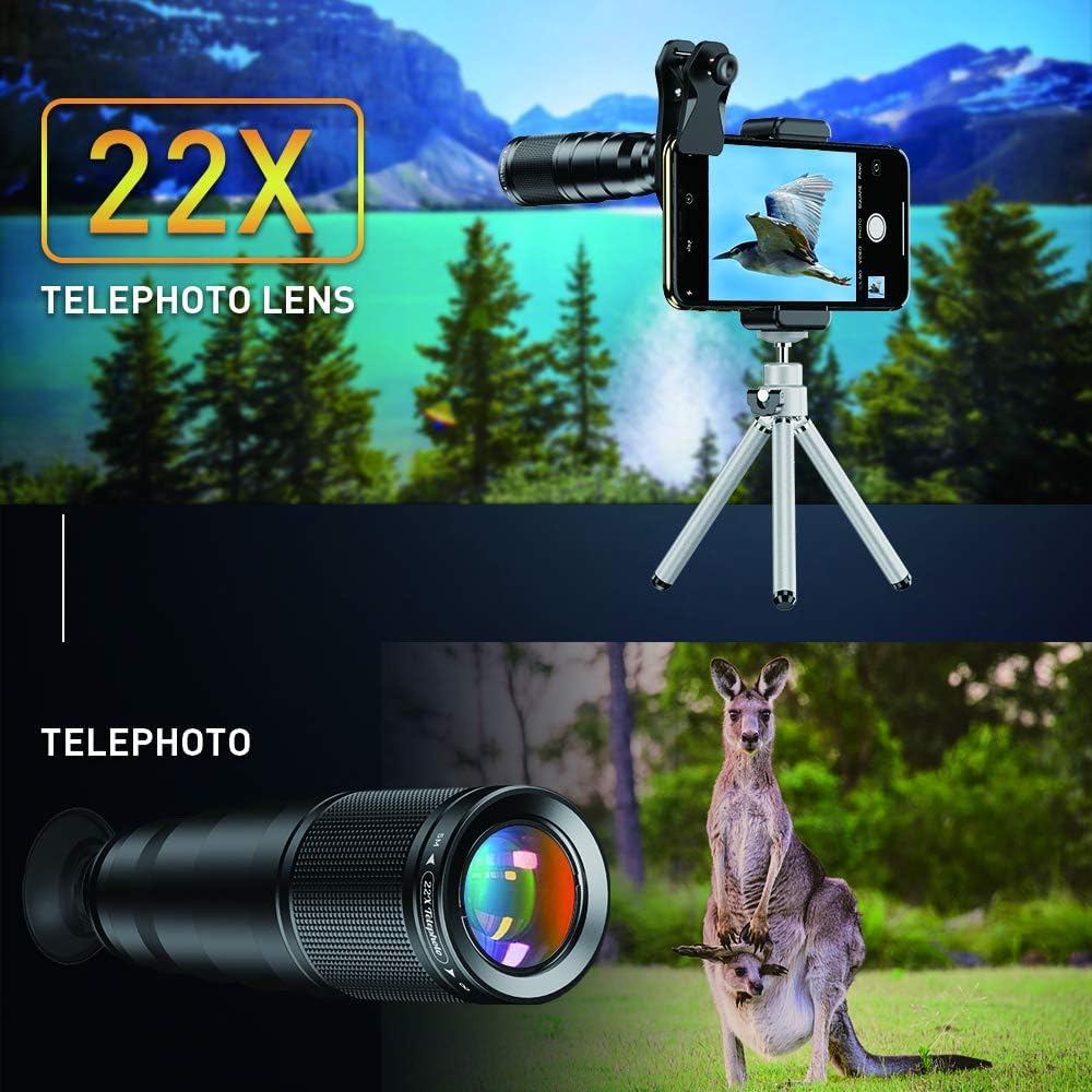 APEXEL Phone Lens Kits - 22x Teleobjektiv / 205° Fisheye-Objektiv / 120° Weitwinkelobjektiv / 20x Makroobjektiv/Stativ für iPhone Samsung, Huawei, Xiaomi und die meisten Anderen