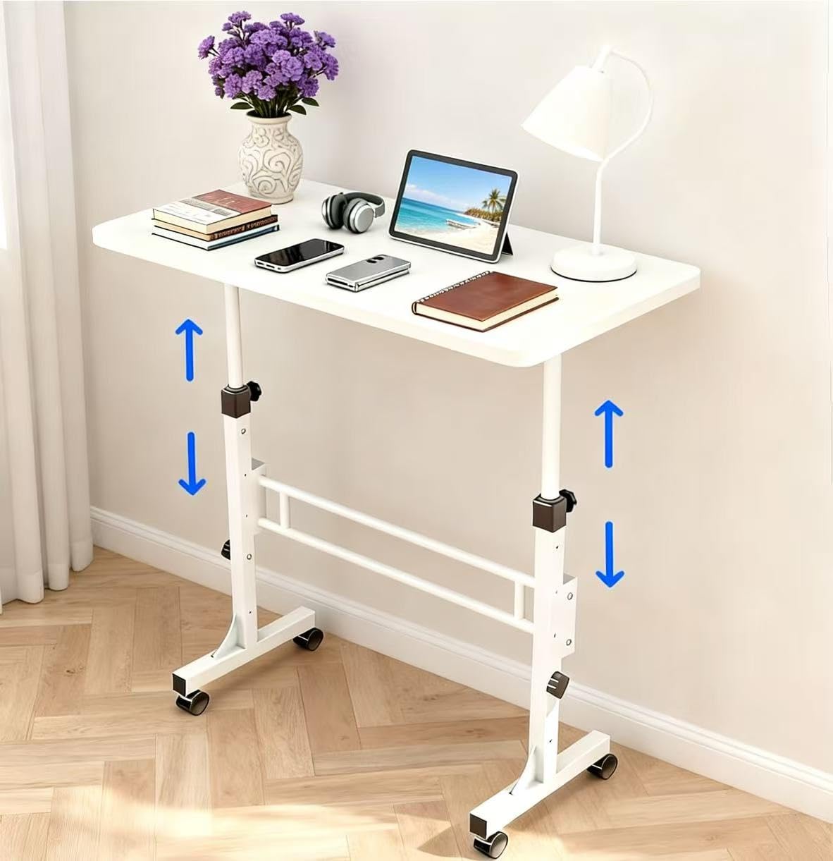 Small Standing Desk with Lockable Wheels Mobile Portable Rolling Laptop Desk Adjustable Height 27 5-43 3 Inch Sit
