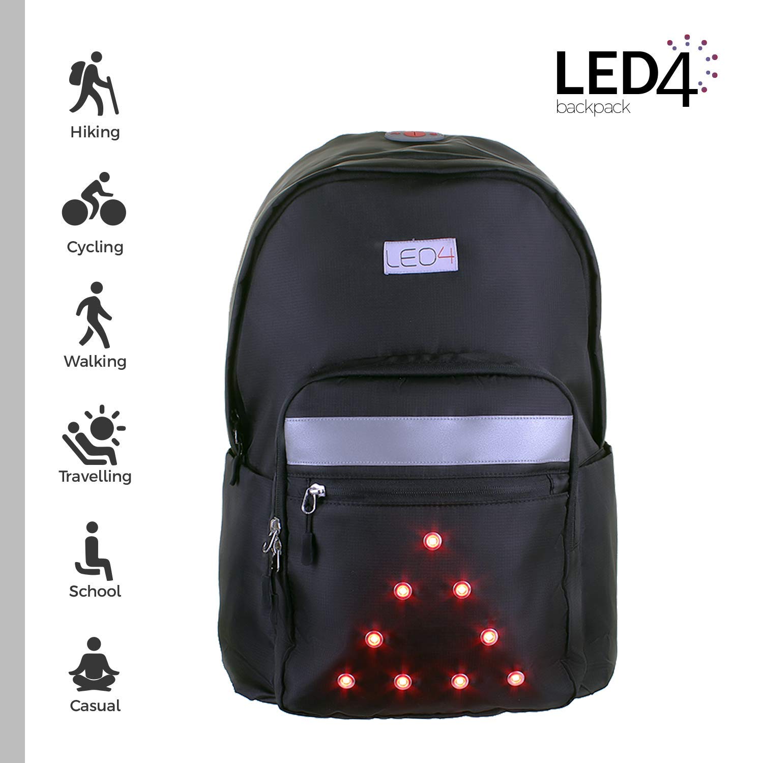 LED4 Safety Bike Backpack LED – High Visible|Water Resistant Backpack with LED Lights|Rechargeable USB Battery|Hi Viz bag for Trekking, Cycling, Hiking, Camping, Traveling any Outdoor Activities