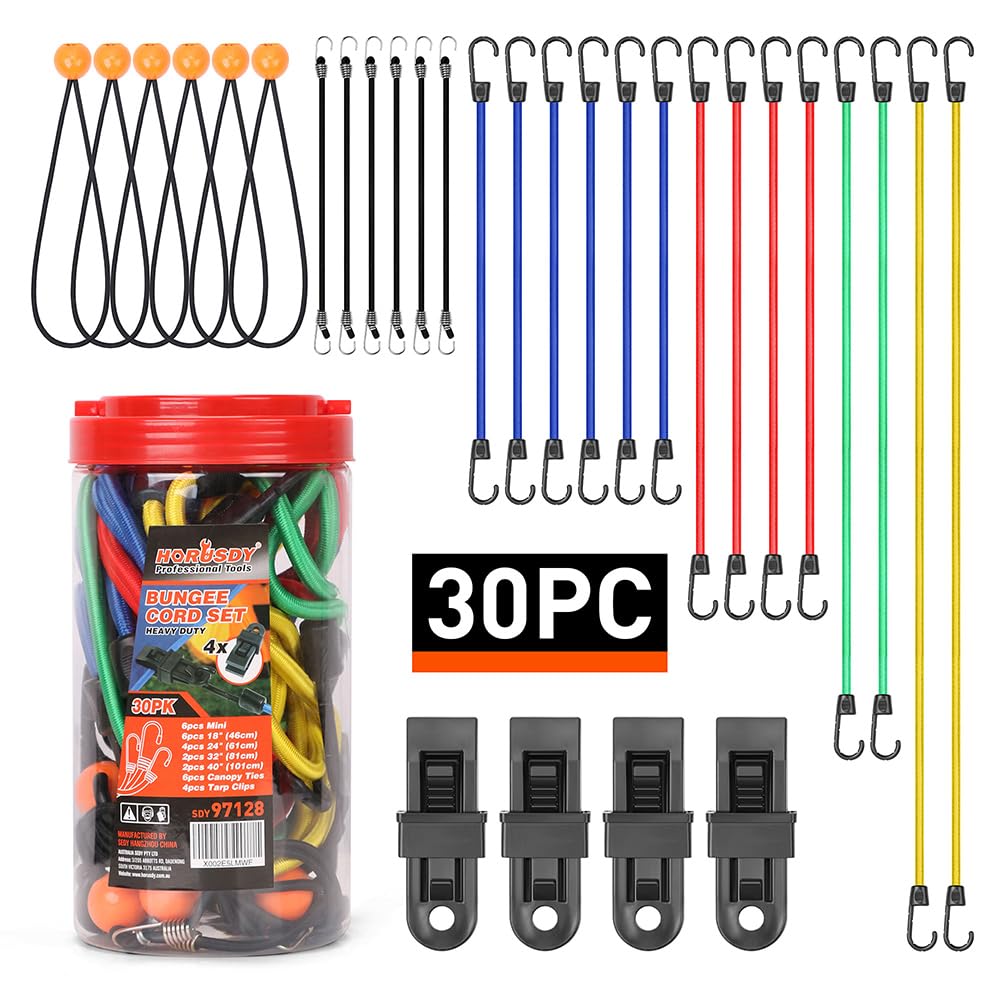 HORUSDY 30-Piece Premium Bungee Cords Assortment Jar, Includes 10”,18”,24”,32”,40” Bungee Cords, 8”Canopy/Tarp Ball Ties and Crocodile Mouth Tarp Clips
