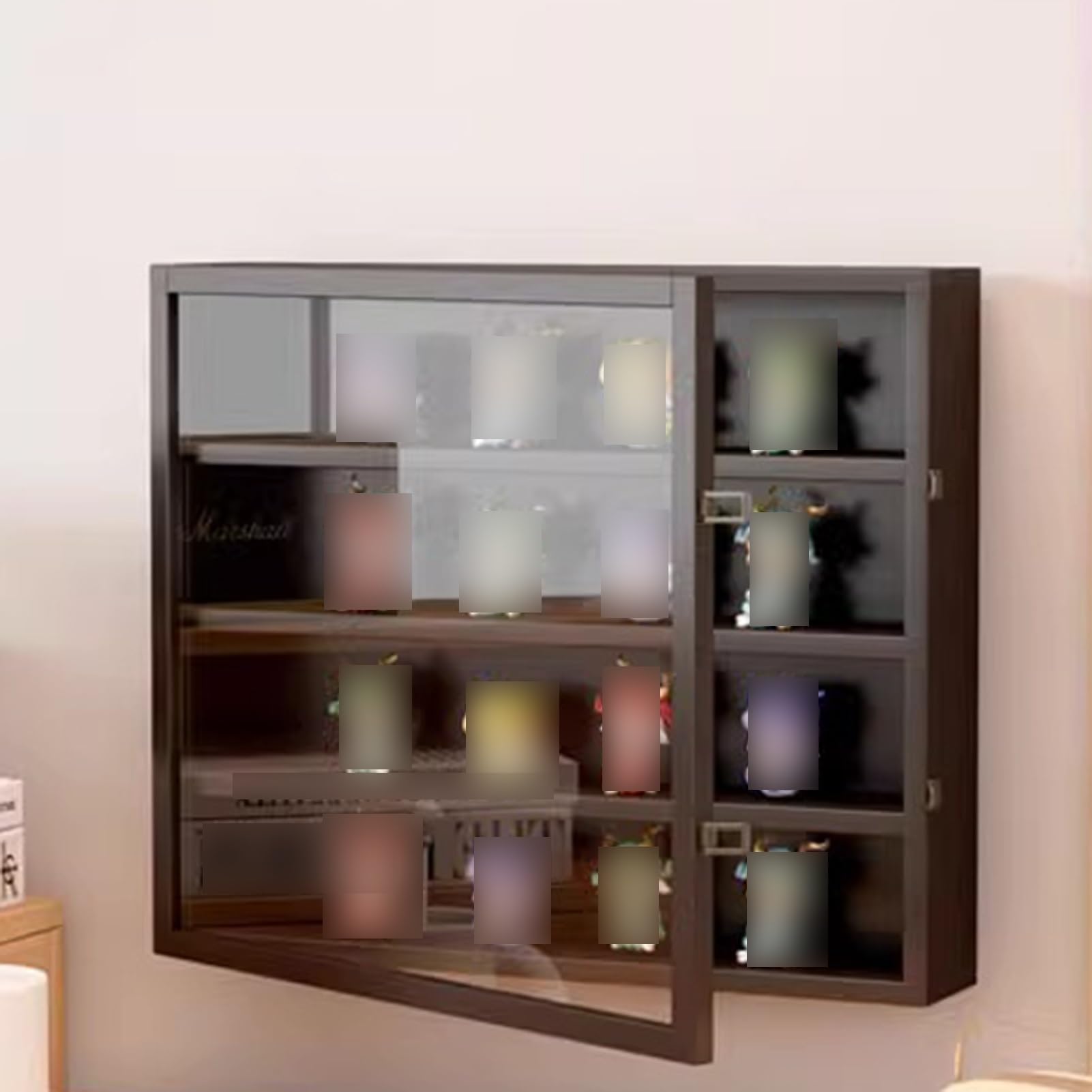 Vetrina da parete a 8 strati con porta in acrilico per oggetti da collezione, figure e ornamenti, elegante contenitore per casa, ufficio e camera da letto (nero, 50 x 8 x 77 cm)