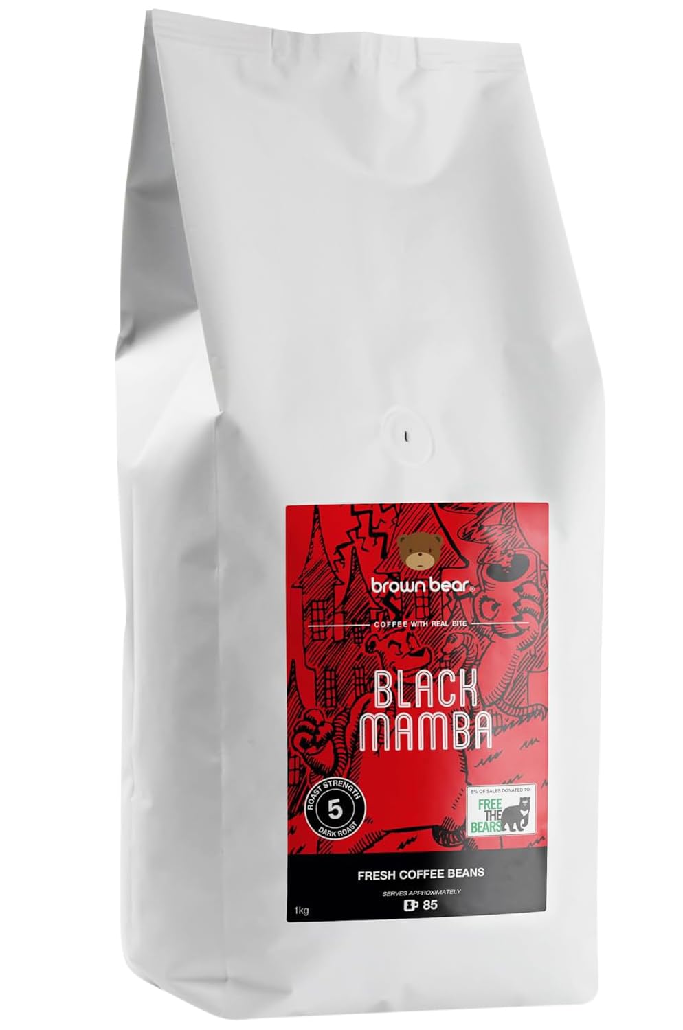 High Caffeine Strong Robusta Strongest Coffee Beans 1kg - Brown Bear Black Mamba Blend - For All Coffee Machines - Our Very Strongest Coffee Ever - Extra Strong Dark Roast Crema - Strength 5
