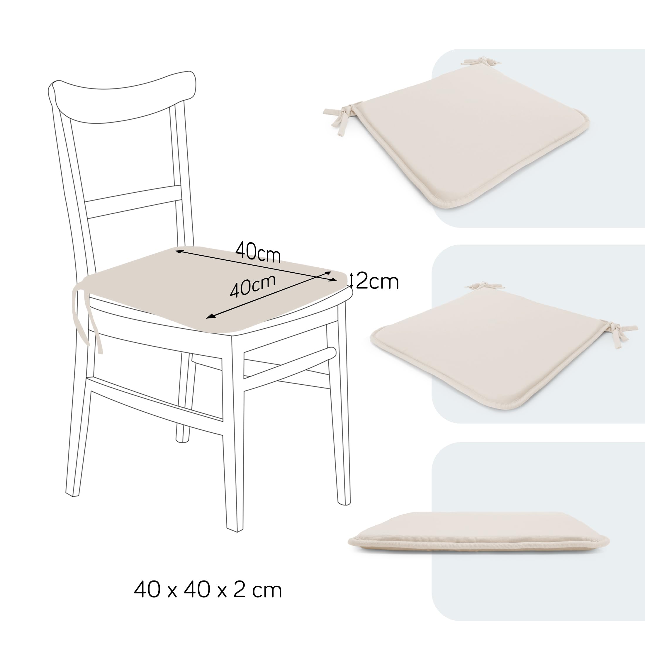 Pack 6 Cojín para silla 40x40x2 cm｜Repelente al agua y fácil de limpiar｜Con cintas de sujeción｜Funda con cremallera desmontable｜Uso interior y exterior｜Ideal para comedor, terraza, jardín u oficina