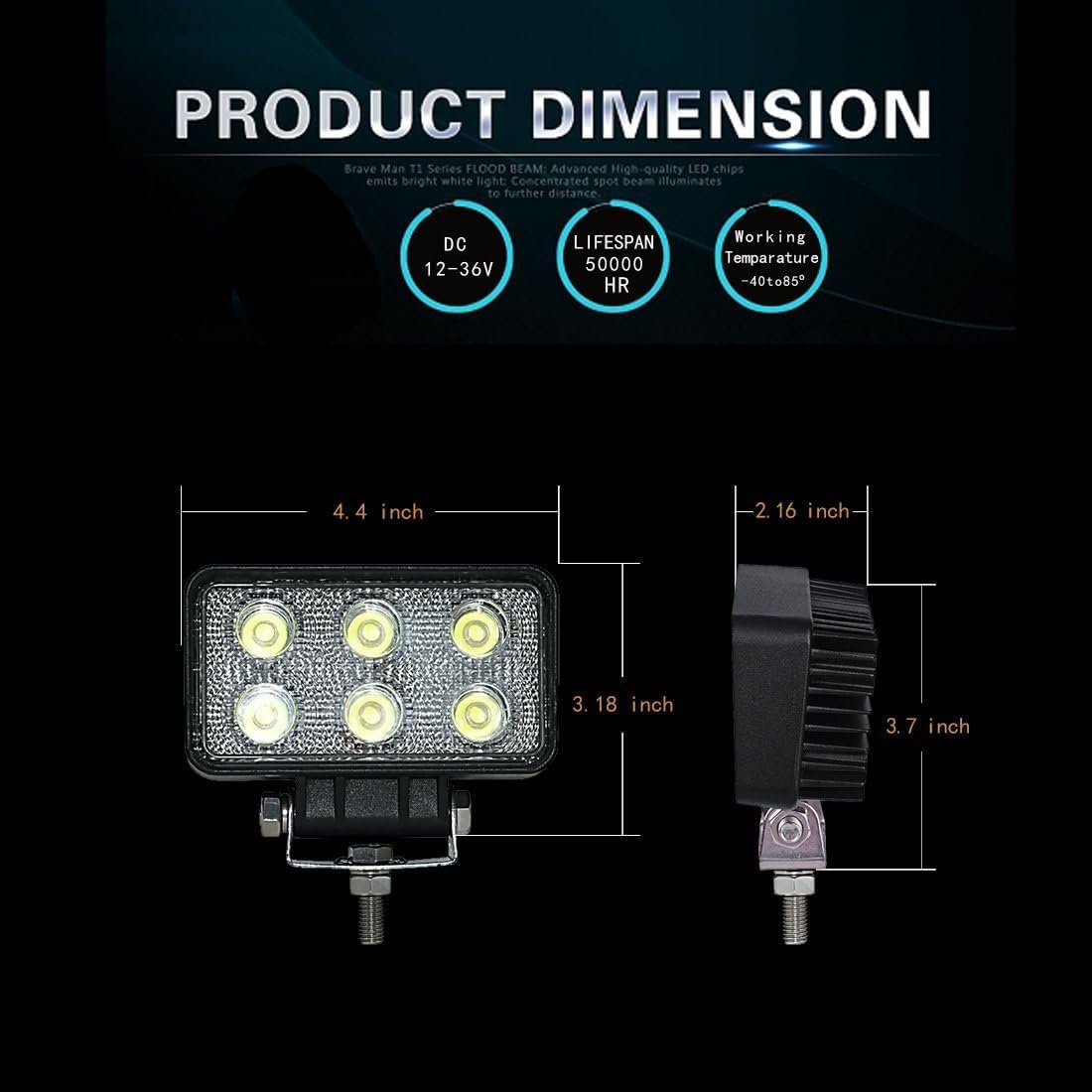 2PACK 18W Super Bright Led Work Lights 12v/24v Foglights Waterproof Off Road Headlights for Heavy-duty Equipment,Tractor,Truck,SUV,ATV, Flood Beam, DR-18WLedSF-P