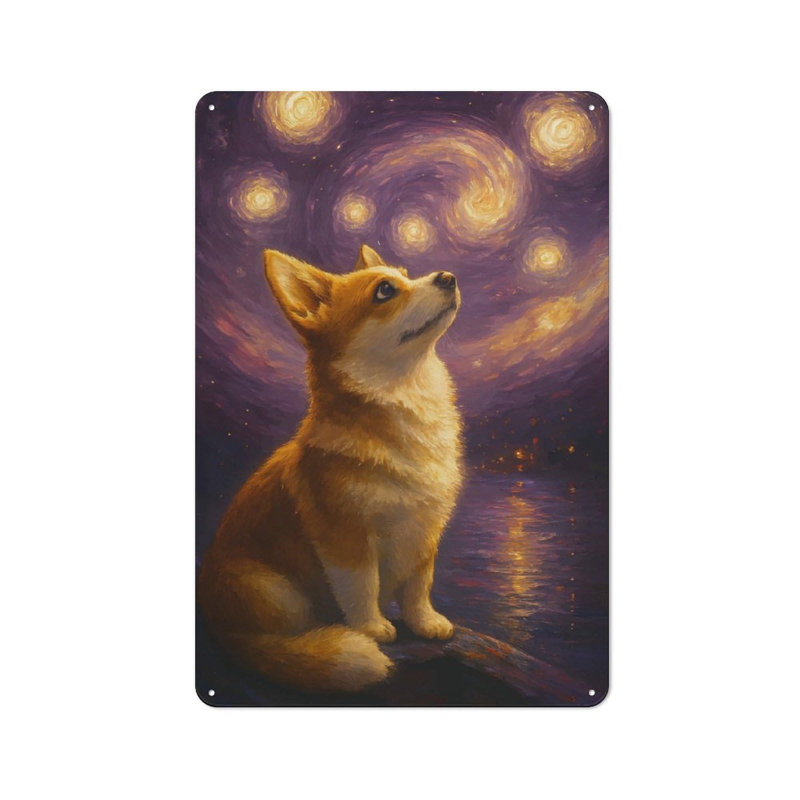Junmoney Style-19 Tin Wall Plaque 30X20cm With Corgi Starry Night Painting For Workshop Wall, With Clear Retro Wall Decor Character