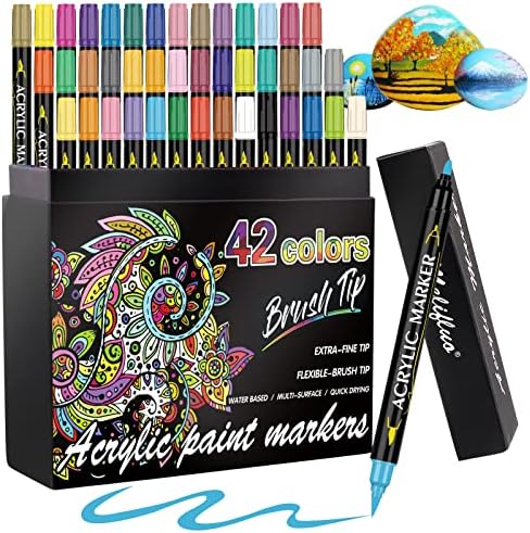 Melifluo Acrylic Paint Pens,42 Colours Dual Tip Brush Paint Marker Pens for Rock Painting, Stone, Ceramic, Glass, Wood, Fabric, Canvas, Porcelain