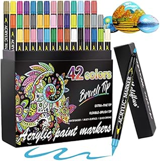 Melifluo Acrylic Paint Pens,42 Colours Dual Tip Brush Paint Marker Pens for Rock Painting, Stone, Ceramic, Glass, Wood, Fabric, Canvas, Porcelain