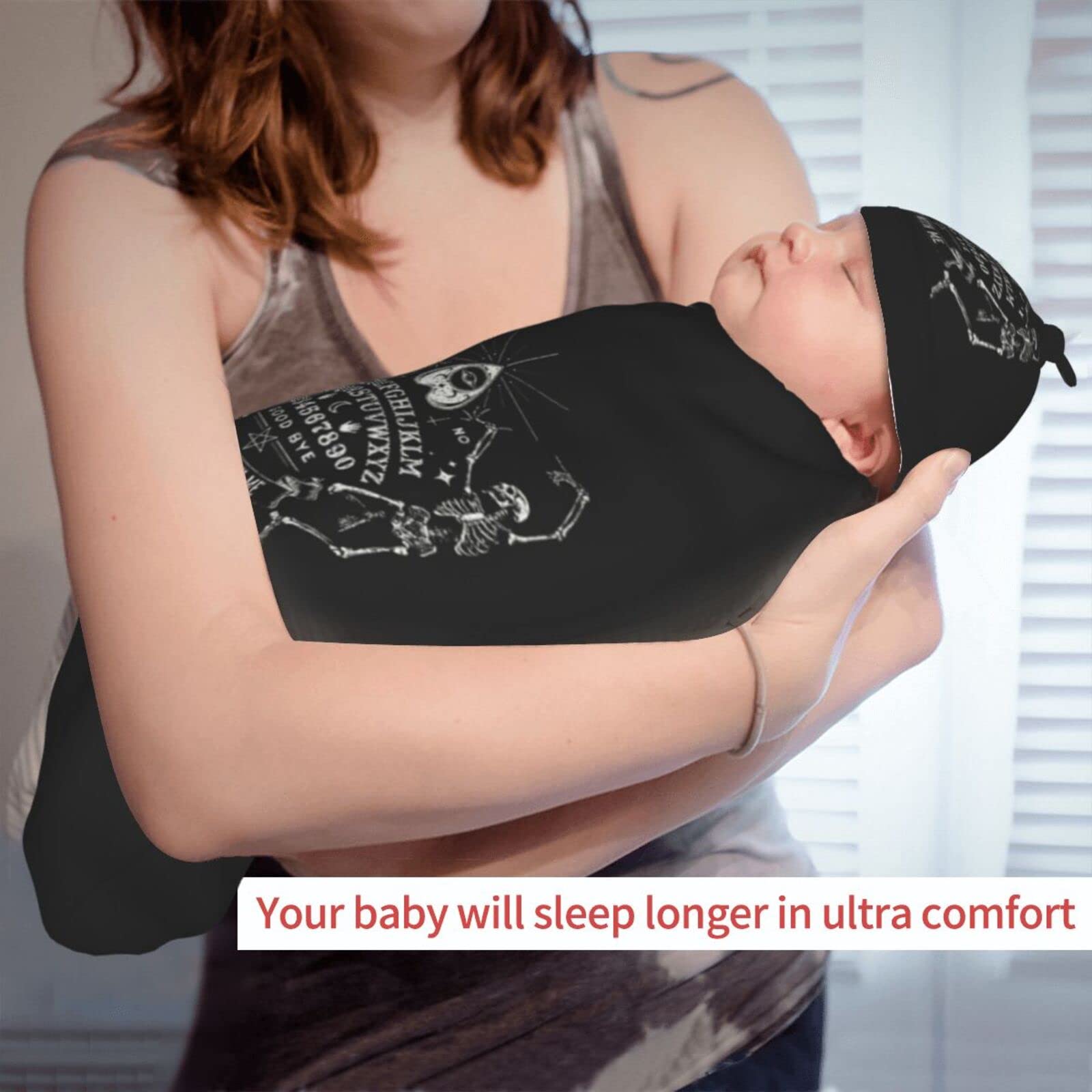 Baby Swaddle Blanket With Beanie Hat - Vintage Skeleton Ouija Black Pattern Newborn Set