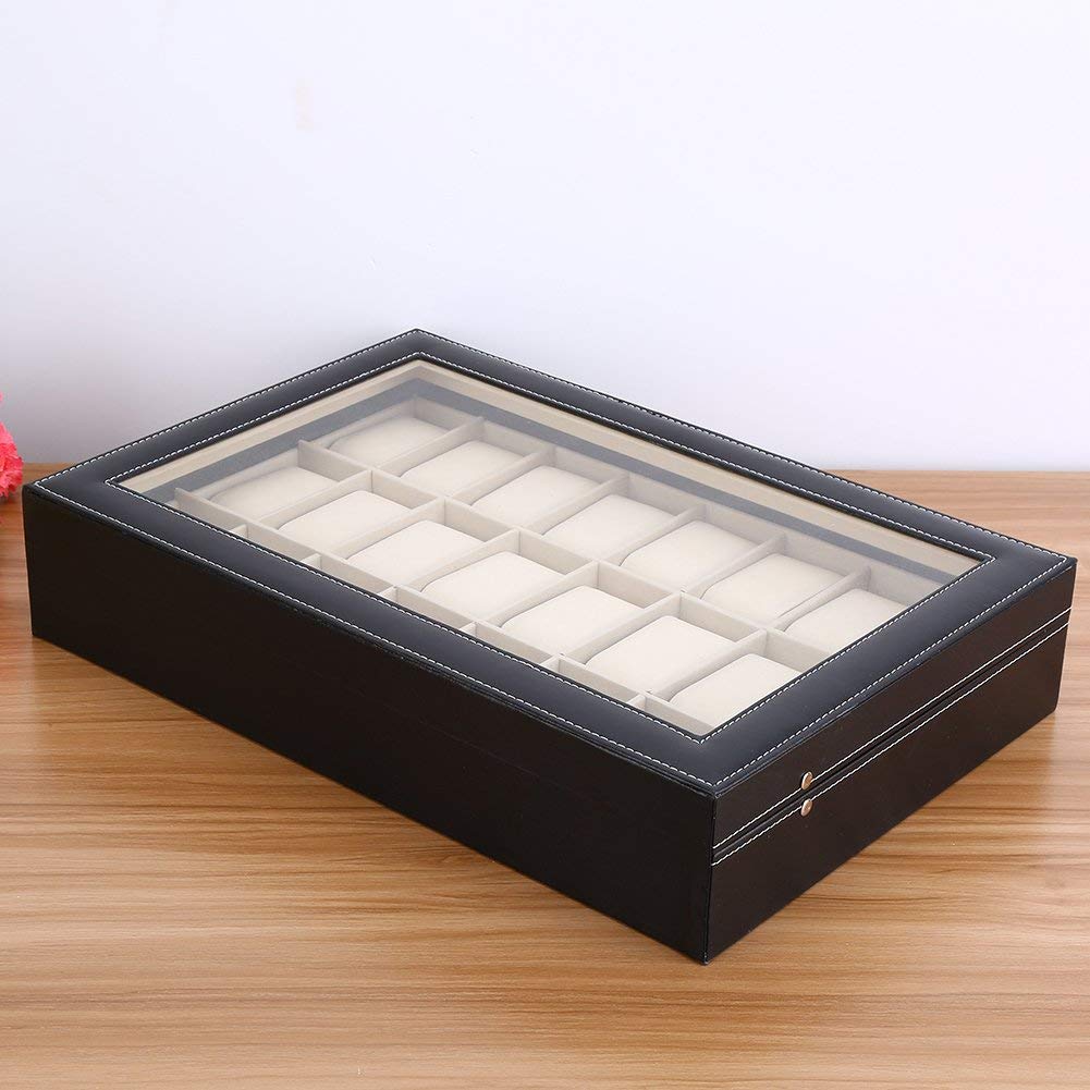 Ejoyous Caja para relojes para 24 relojes, caja para relojes, caja para guardar joyas, caja de reloj con cerradura de metal y cojín para reloj, tapa de cristal, 43 x 29 x 8,5 cm